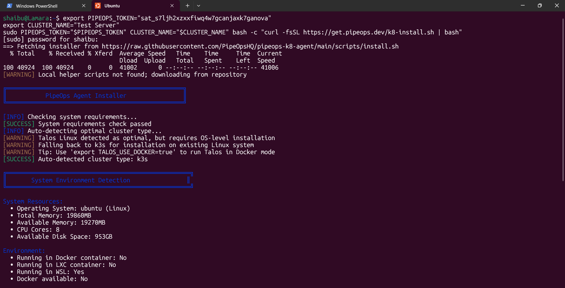 PipeOps agent installation