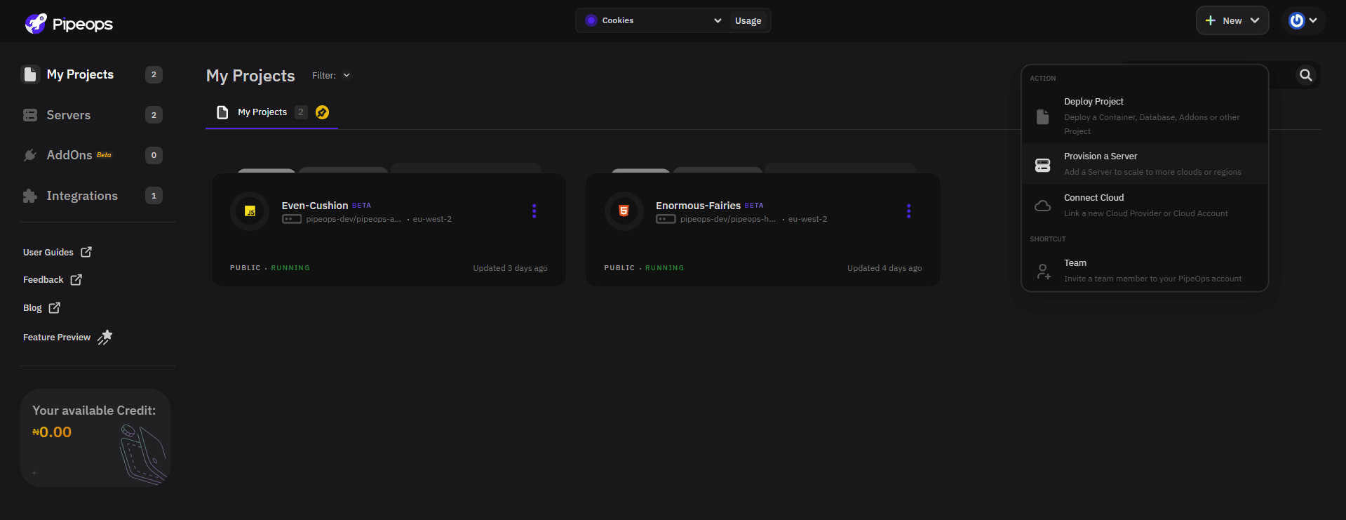 PipeOps Dashboard