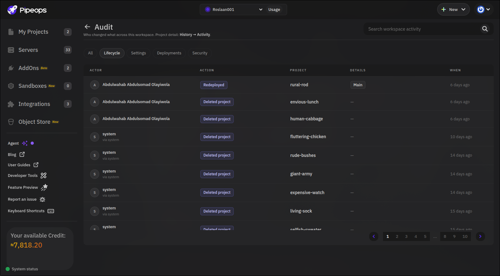 Project Deletions Audit Log