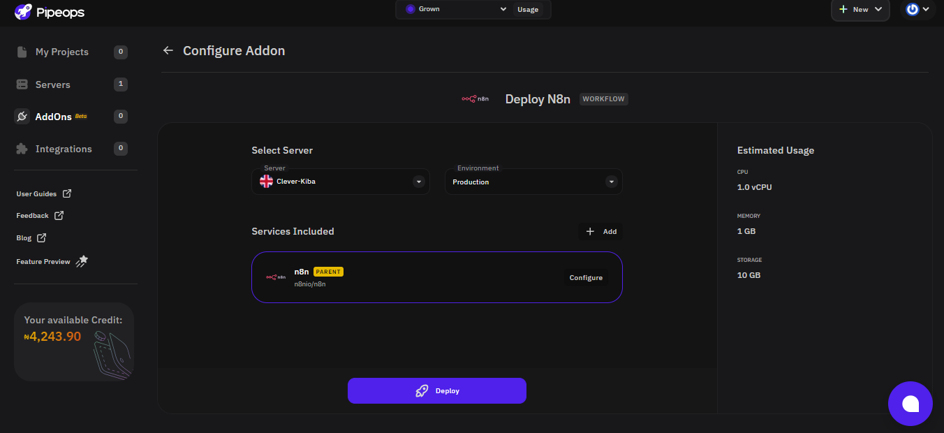 n8n add-on configuration page